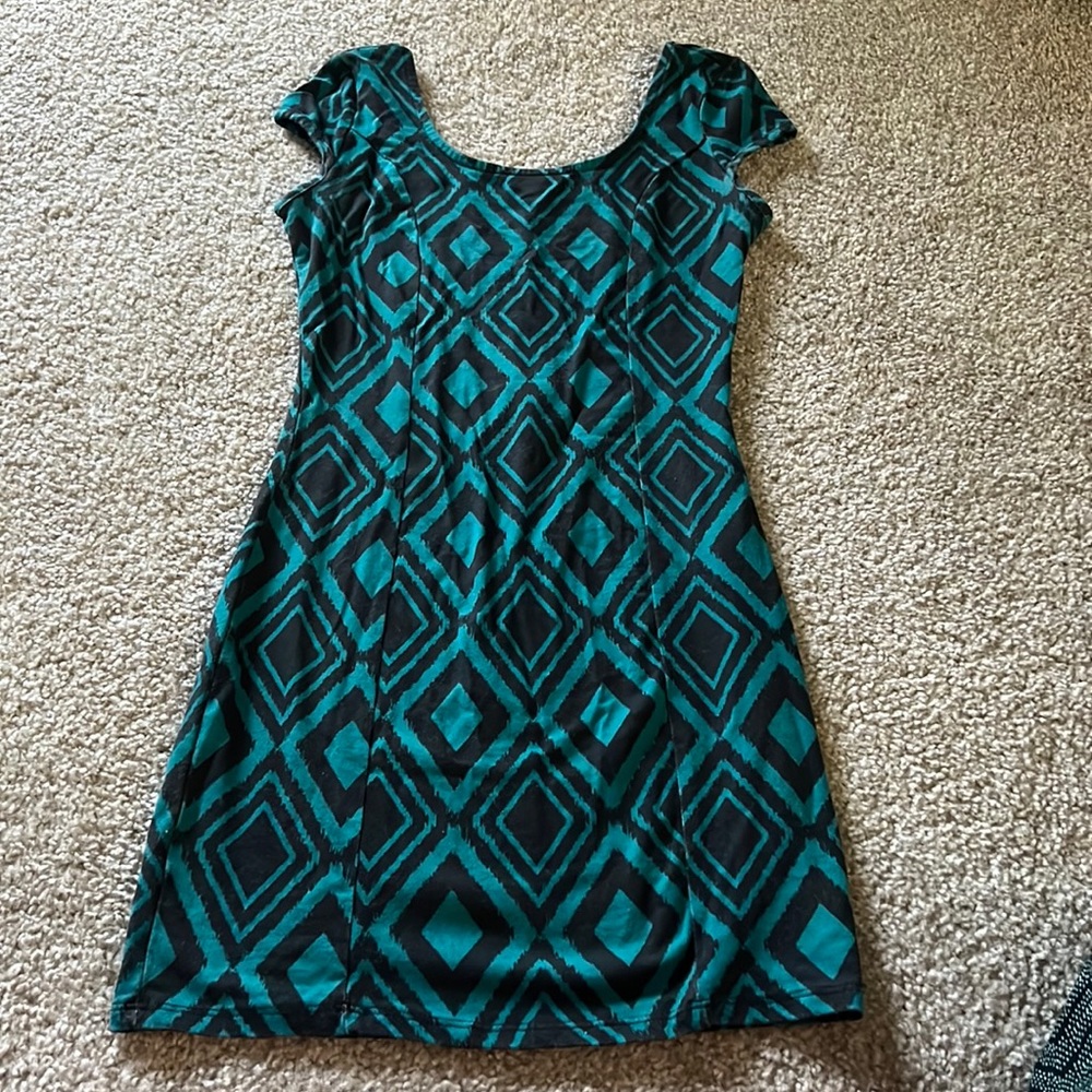 Charlotte Russe size small body con dress Aztec design black & teal, cut out